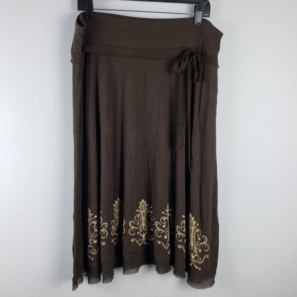 Loft Women's Size‎ XL Tie Waist Layered Midi Skirt Brown Baroque Paisley Trim